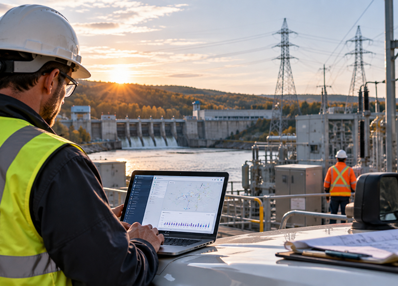 Utility engineer reviewing operations data on a laptop at a hydroelectric facility